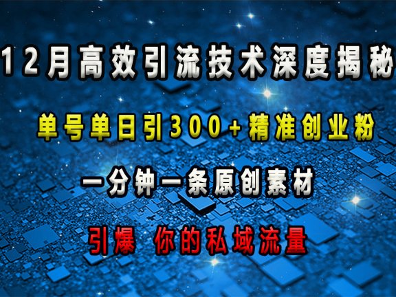 12月高效引流技术深度揭秘 ,单号单日引300+精准创业粉,一分钟一条原创素材,引爆你的私域流量